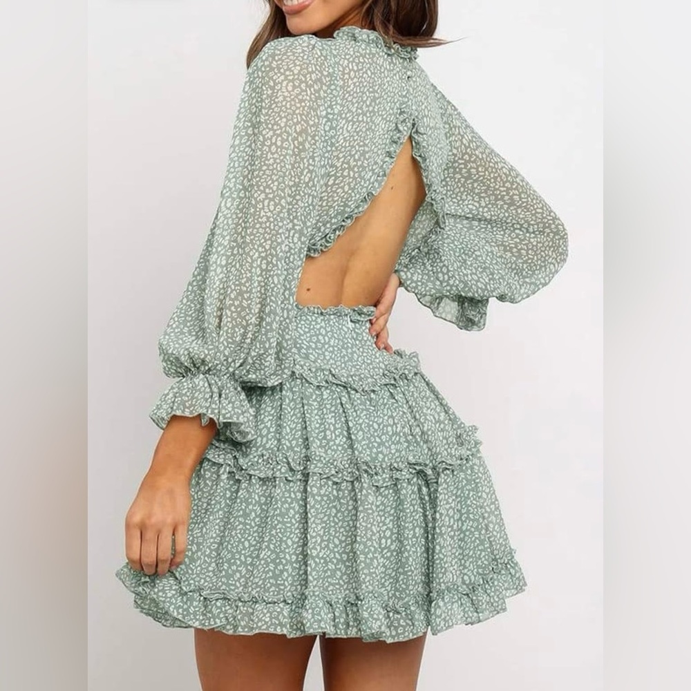 Fall Spring Deep V Neck Ruffle Long Sleeve Floral Print Mini Dress - Picture 7 of 9